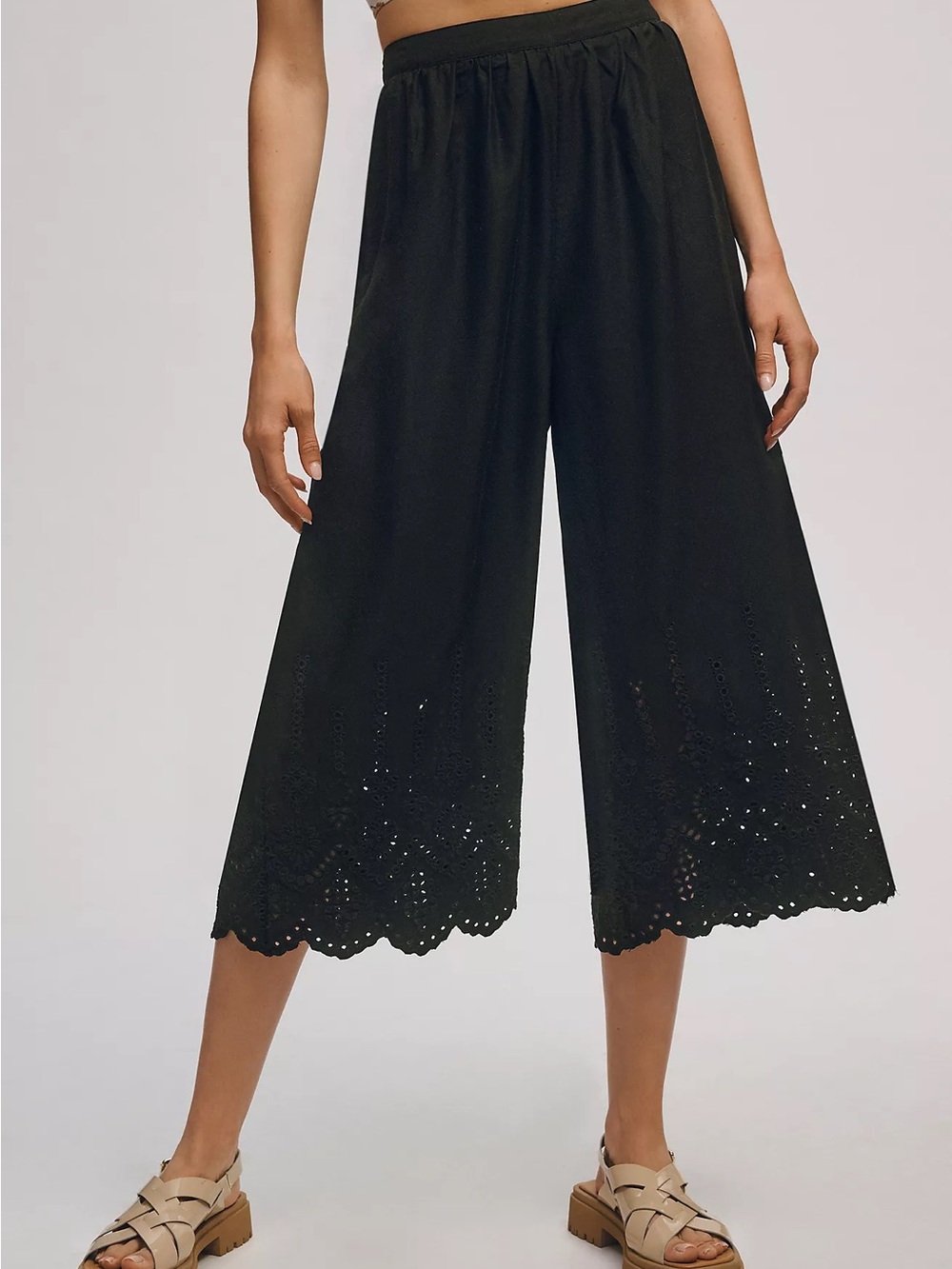 Anthropologie Black Eyelet Cropped Wide-Leg Pants Size 14